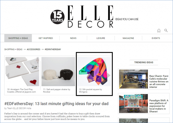 Shingora Brand appeared in Father’s Day gifting of elle decor india